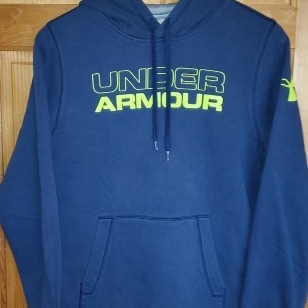Under Armour Loose Vibrant Logo Blue & Yellow Sz. S/P Hoodie with Pockets - Picture 3 of 10